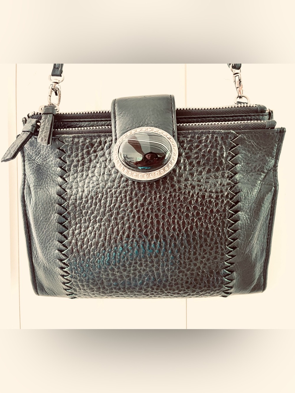 Brighton Black Boho Western Pebbled Leather Crossbody with Silver Oval Accent